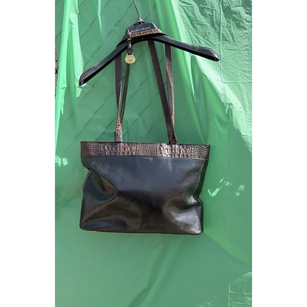 Brahmin Black‎ Brown Leather Tote Bag Croc Embossed Shoulder Purse